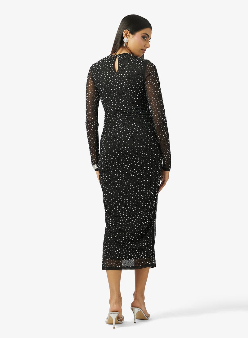Style Cheat Mesh Detail Long Sleeve Bodycon Midi Dress - Image 2